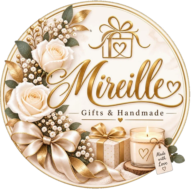 Mireille Gifts & Handmade logo with ivory roses and gold ribbon